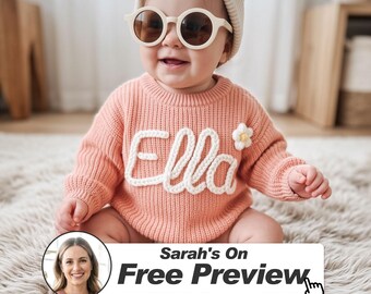See Preview First: Custom Baby name Sweater with 4-Piece Gift Set - Personalized Knit Toddler Jumper - Baby Shower Gift - Newborn Gift