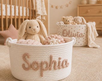 Personalized Nursery Basket, Custom Name Storage Basket, Baby Room Organizer, Kids Toy Basket, Woven Rope Basket, Nursery Decor