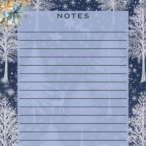 May include: Blue and white winter themed notepad with the word "NOTES" at the top and the words "Home Steadie" at the bottom. The notepad has a white border and is decorated with snowflakes, trees, and stars.