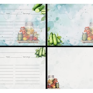 Set di 4 schede di ricette / Barattolo di sottaceti scaricabile e stampabile a casa / Cetrioli sottaceto / Acquerello a colori tenui / Dimensioni 4 x 6 pollici regolabili