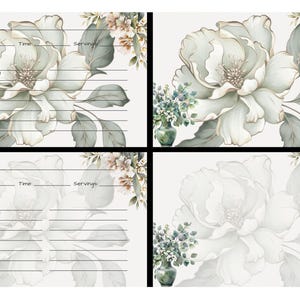 レシピカード4枚セット | 自宅でダウンロード印刷可能 | 静かな緑の花 | 落ち着いたフルカラー水彩画 | サイズ4 x 6インチ 調整可能