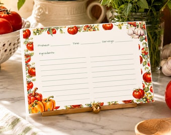 Juego de 2 tarjetas de recetas / Chips 'N Salsa (impresión descargable para imprimir en casa) / Tomates y pimientos / Borde sencillo en acuarela / Tamaño ajustable de 4 x 6 pulgadas