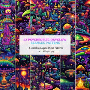 12 nahtlose Muster, psychedelische Tagesleuchten 60er Jahre Hippie, trippy, bunte Kunst, Pop Art Theme Patterns, PNG, digitales Papier, Printable Pattern