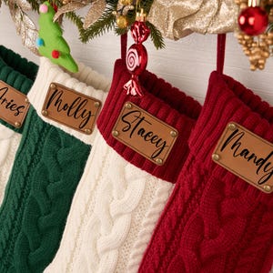 Personalized Monogram Christmas Stockings with Name,Custom Knit Holiday Stocking Set,Engraved Leather Patch,Family Christmas Decor Gift