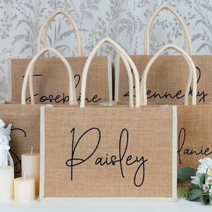 Personalized Burlap Gift Bag: Bridesmaid Proposal, Wood Heart Charm
