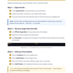 May include: A user guide page titled "Getting Started" for PyTrack, with numbered steps and instructions. The guide includes screenshots of the software interface, with highlighted elements and text. The page is white with black text.