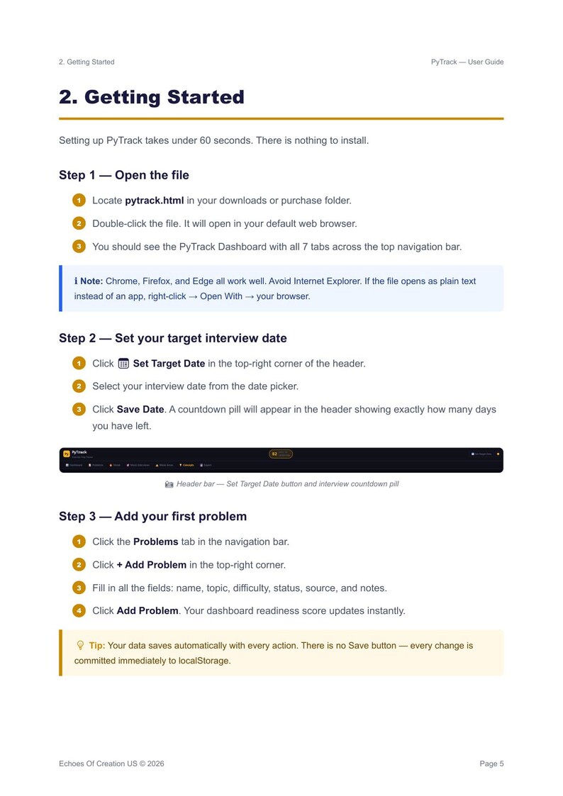 May include: A user guide page titled "Getting Started" for PyTrack, with numbered steps and instructions. The guide includes screenshots of the software interface, with highlighted elements and text. The page is white with black text.