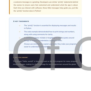 May include: A page from a Python programming guide with text about the 'print()' function, key takeaways, and a 'Did You Know?' section. The page has a white background with blue and orange accents.
