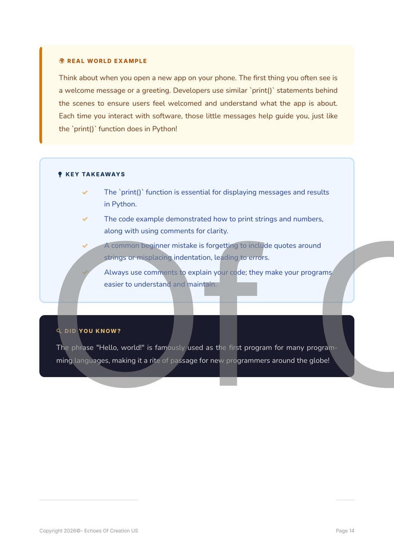 May include: A page from a Python programming guide with text about the 'print()' function, key takeaways, and a 'Did You Know?' section. The page has a white background with blue and orange accents.