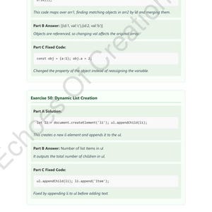 Op de afbeelding: Een witte en groene pagina met codefragmenten en tekst. De tekst bevat "const merged", "Part B Answer" en "Exercise 50: Dynamic List Creation". De onderkant van de pagina bevat de tekst "Echoes of Creation US &copy; 2025 129 of 129".