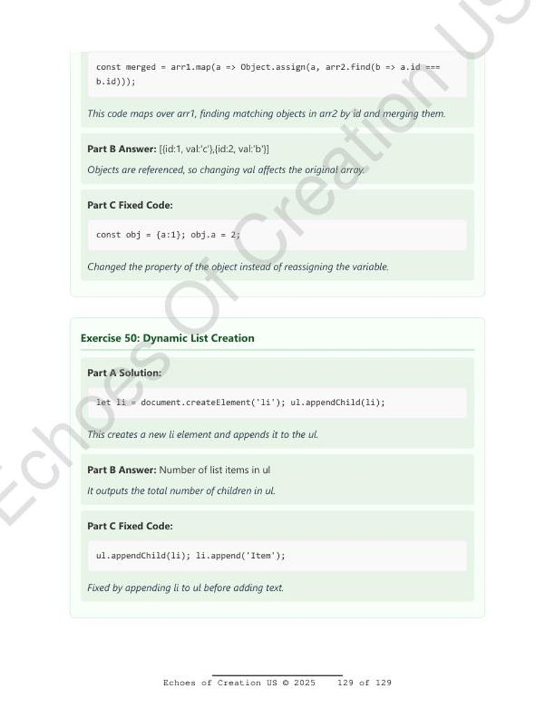 Op de afbeelding: Een witte en groene pagina met codefragmenten en tekst. De tekst bevat "const merged", "Part B Answer" en "Exercise 50: Dynamic List Creation". De onderkant van de pagina bevat de tekst "Echoes of Creation US &copy; 2025 129 of 129".