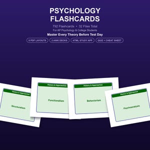 May include: Psychology flashcards set featuring 792 cards and 32 files. The cards have a white background with a green header labeled History & Approaches and text displaying Structuralism, Functionalism, Behaviorism, and Psychoanalysis.