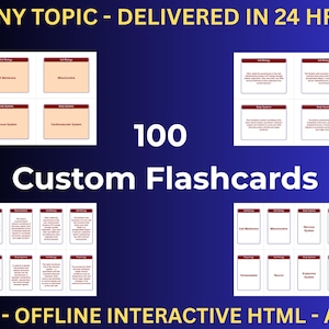 May include: A set of 100 custom flashcards displayed in four distinct grid layouts against a blue gradient background. The cards feature text headers like Cell Biology and Body Systems, with descriptive content on the reverse side of the cards.