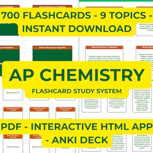 May include: A collection of flashcards for AP Chemistry study. The image features flashcards with titles like "Atomic Structure & Properties" and "Isotopes." The text includes "700 Flashcards - 9 Topics - Instant Download" and "AP Chemistry Flashcard Study System."