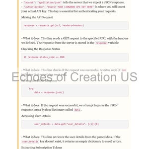 Op de afbeelding: Een pagina uit een technisch document met codefragmenten en uitleg. De tekst bevat instructies over het maken van API-verzoeken, het controleren van de responsstatus en het parseren van JSON-gegevens. Het document heet "Echoes of Creation US".