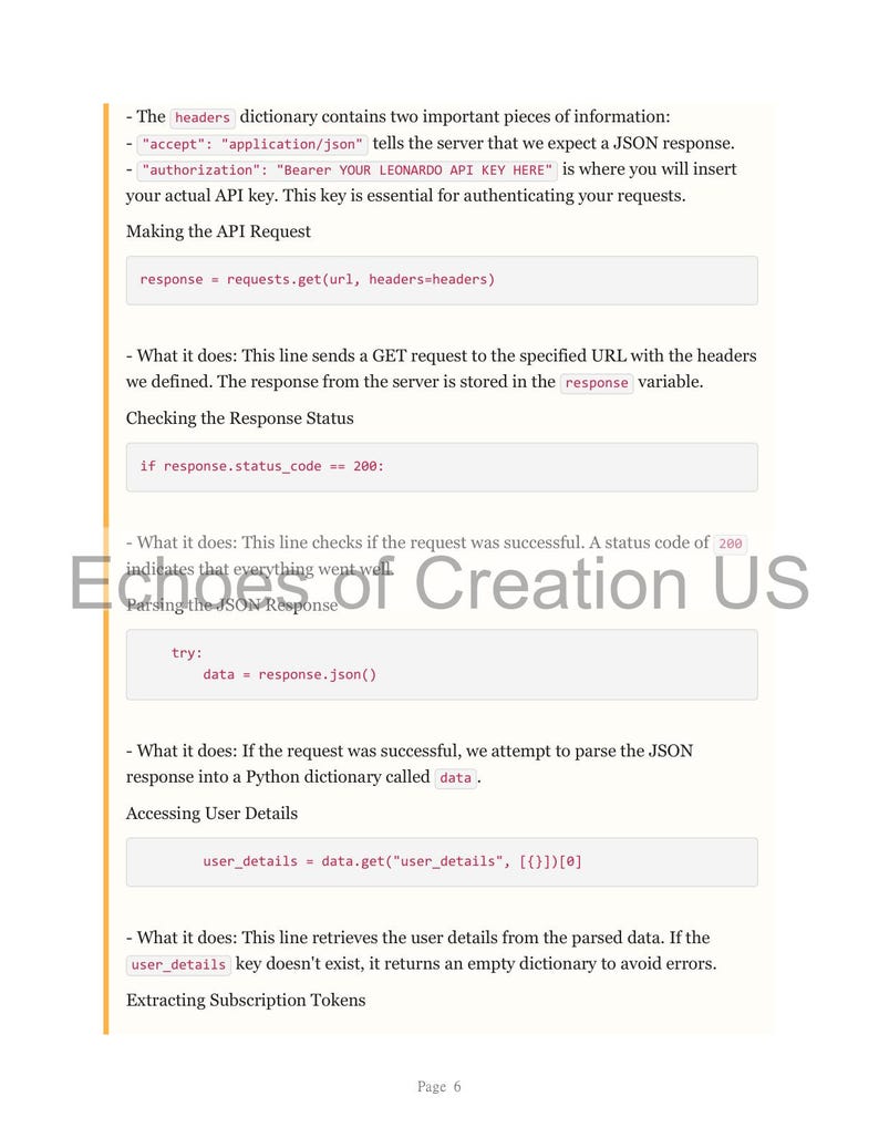 Op de afbeelding: Een pagina uit een technisch document met codefragmenten en uitleg. De tekst bevat instructies over het maken van API-verzoeken, het controleren van de responsstatus en het parseren van JSON-gegevens. Het document heet "Echoes of Creation US".