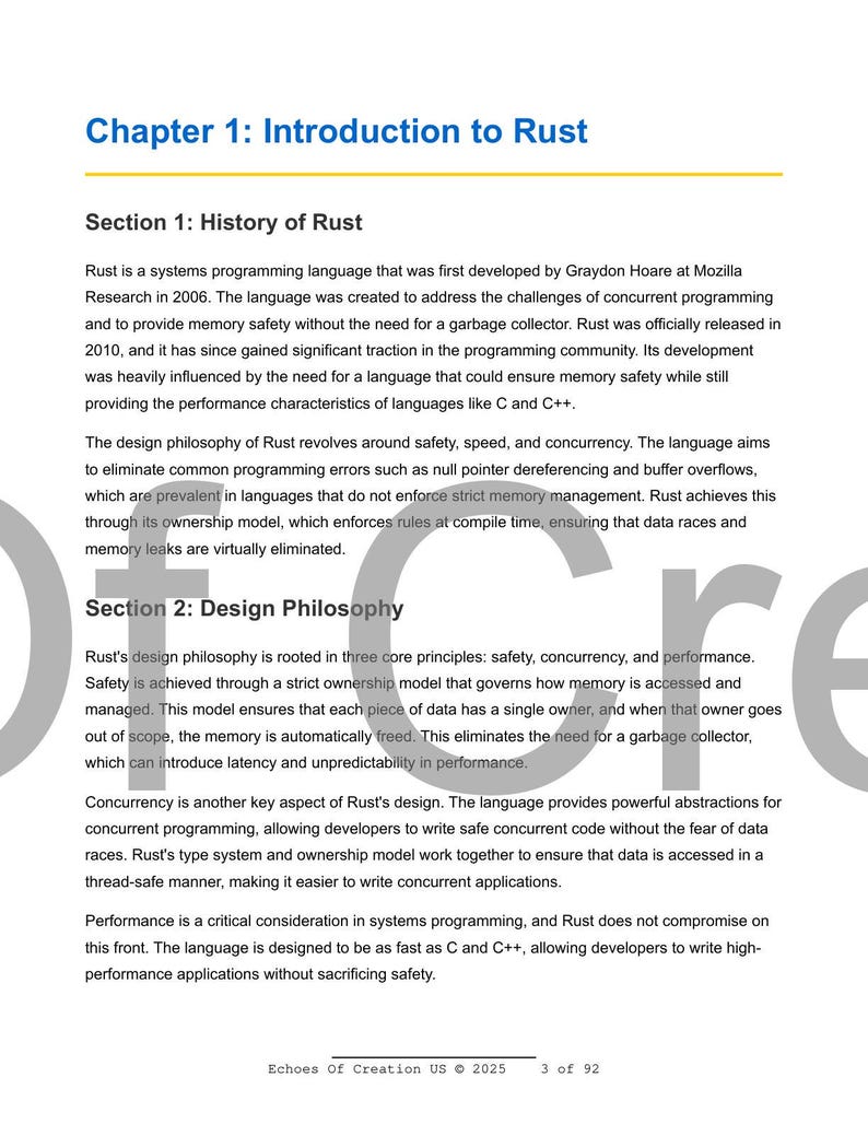 May include: A page from a book titled "Chapter 1: Introduction to Rust." The text describes the history and design philosophy of the Rust programming language, including its focus on safety, speed, and concurrency. The page is white with black text.
