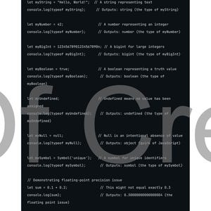 May include: A dark background with JavaScript code examples. The text includes variable declarations, data types, and console output. The page number is 18. The copyright is 20260-Echoes Of Creation US.