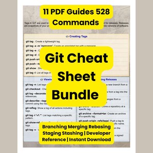 Op de afbeelding: Een digitaal document getiteld 11 PDF Guides 528 Commands Git Cheat Sheet Bundle. De tekst bevat secties over Creating Tags, Viewing Tags en Managing Releases, met een lijst van diverse Git-commando's zoals git tag en git push.