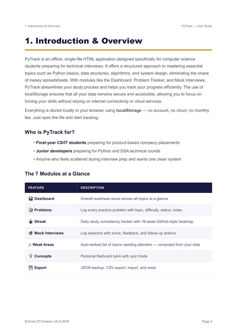 May include: A webpage titled "Introduction & Overview" from the PyTrack User Guide. The page details the features of PyTrack, an offline HTML application for computer science students preparing for technical interviews. Key modules include Dashboard, Problems, and Mock Interviews.