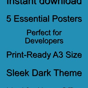 May include: A teal background with black text advertising an "Instant download" of "5 Essential Posters" for developers. The posters are "Print-Ready A3 Size" with a "Sleek Dark Theme".