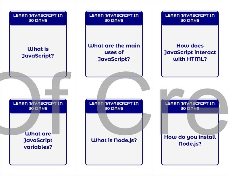 Może przedstawiać: Sześć białych fiszek z niebieskimi obramowaniami i tekstem "LEARN JAVASCRIPT IN 30 DAYS". Każda karta zadaje pytanie dotyczące JavaScript, w tym "Co to jest JavaScript?" i "Co to jest Node.js?"