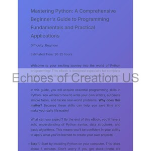 Może przedstawiać: E-book zatytułowany "Python dla początkujących" z niebiesko-fioletowym gradientem w tle. Tekst na okładce zawiera "Mastering Python: A Comprehensive Beginner's Guide" oraz szczeg&oacute;ły dotyczące podstaw programowania.
