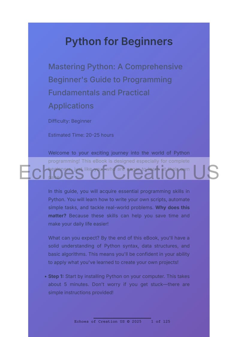 Może przedstawiać: E-book zatytułowany "Python dla początkujących" z niebiesko-fioletowym gradientem w tle. Tekst na okładce zawiera "Mastering Python: A Comprehensive Beginner's Guide" oraz szczeg&oacute;ły dotyczące podstaw programowania.