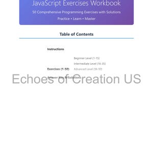 Op de afbeelding: Een wit werkboek getiteld "JavaScript Exercises Workbook" met een paarse en blauwe kop. Het boek bevat een inhoudsopgave, instructies en oefeningen voor beginners, gevorderden en experts. Het boek is 1 van 129 pagina's.