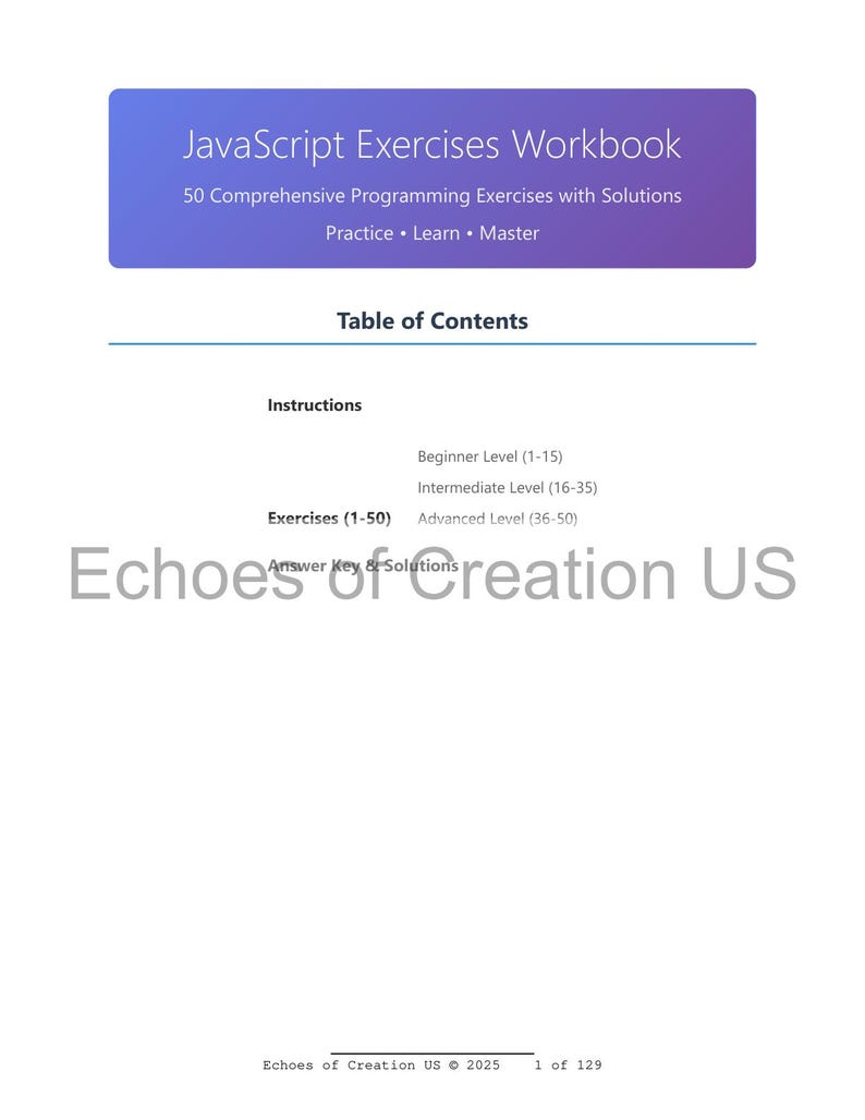Op de afbeelding: Een wit werkboek getiteld "JavaScript Exercises Workbook" met een paarse en blauwe kop. Het boek bevat een inhoudsopgave, instructies en oefeningen voor beginners, gevorderden en experts. Het boek is 1 van 129 pagina's.