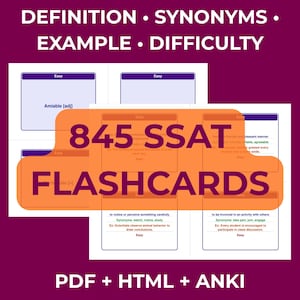 SSAT Vocabulary Flashcards | 845 Printable Study Cards + Anki Deck + HTML Viewer | Color & White PDF | 4 6 8 12 Per Page
