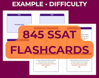 SSAT Vocabulary Flashcards | 845 Printable Study Cards + Anki Deck + HTML Viewer | Color & White PDF | 4 6 8 12 Per Page