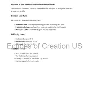 May include: A white workbook page with the title "Instructions" and text describing Java programming exercises. The page includes sections on exercise structure, difficulty levels, and tips for success. The bottom of the page has a copyright notice.