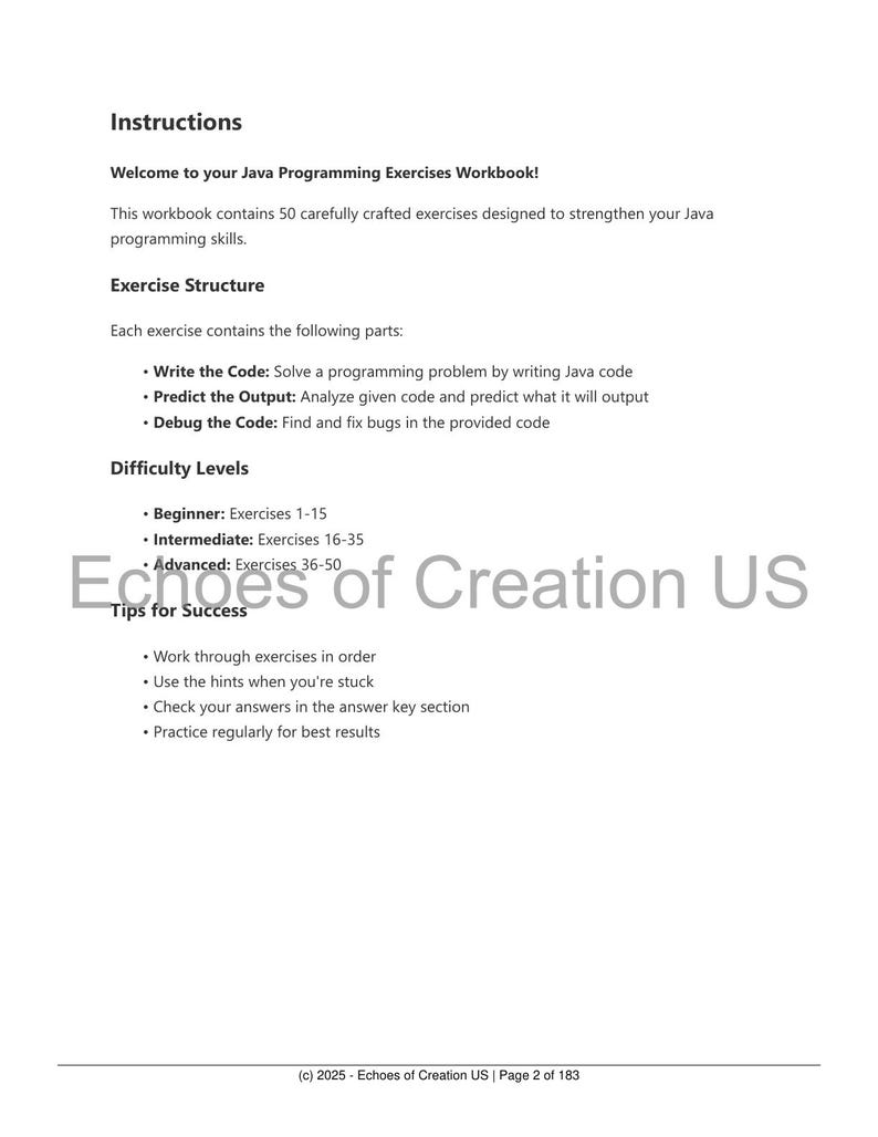 May include: A white workbook page with the title "Instructions" and text describing Java programming exercises. The page includes sections on exercise structure, difficulty levels, and tips for success. The bottom of the page has a copyright notice.