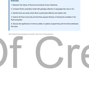 May include: A page from a book titled "Echoes Of Creation US &copy; 2025" with the word "Exercise" at the top. The page contains five numbered questions about the Rust programming language, including its history, ownership model, and memory safety.