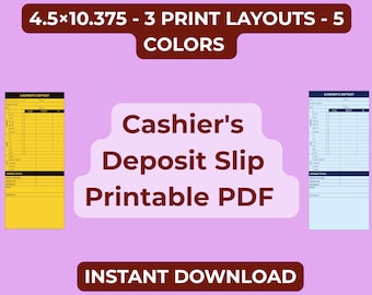 Cashier's Deposit Slip Printable PDF | Sticker for 4.5×10.375 Deposit Envelope | 5 Colors | US Letter, A4 & Exact Size | Instant Download