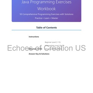 May include: A workbook titled "Java Programming Exercises Workbook" with a purple and blue header. The cover text includes "50 Comprehensive Programming Exercises with Solutions." The table of contents and exercise levels are also visible.