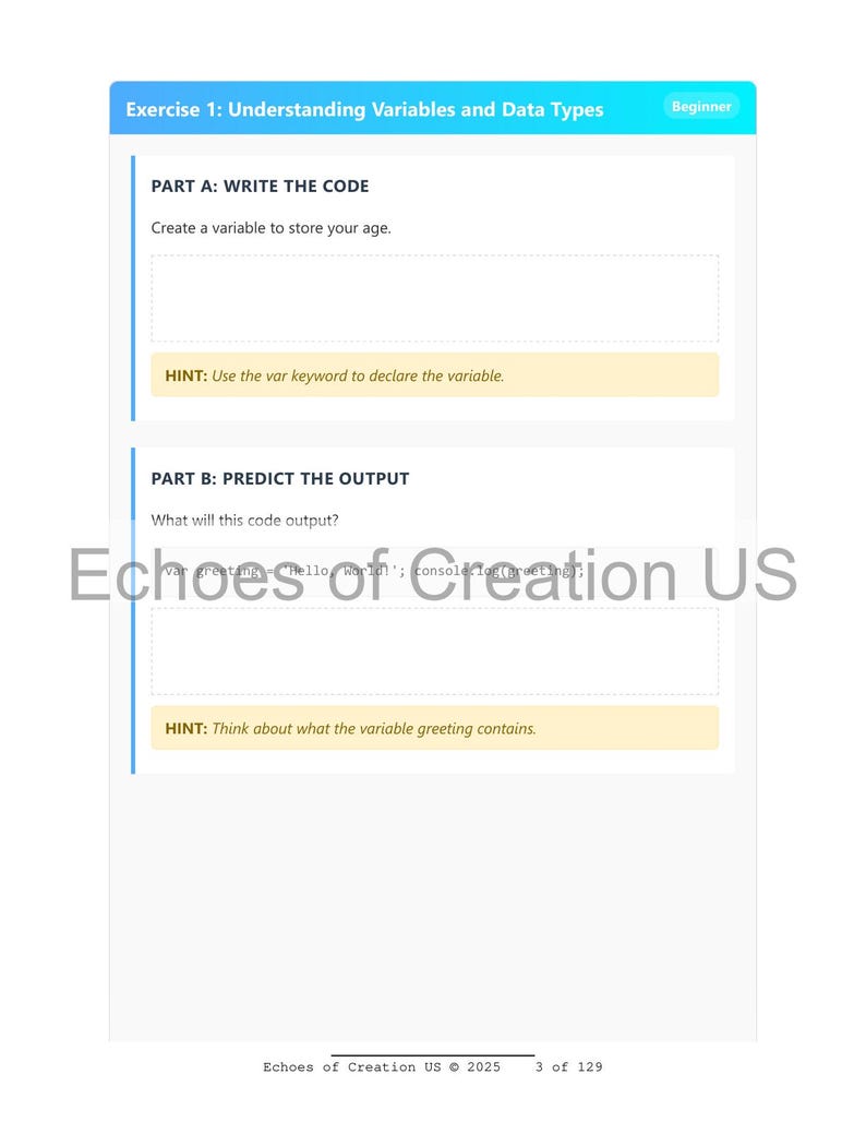 Op de afbeelding: Een pagina met een codeeroefening voor beginners, in wit en blauw. De pagina bevat secties voor het schrijven van code en het voorspellen van de uitvoer, met hints. De tekst luidt "Oefening 1: Variabelen en gegevenstypen begrijpen".