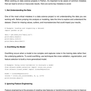 May include: A text-based guide to common mistakes to avoid in data science projects using Python. The guide includes examples of code snippets to illustrate the concepts.