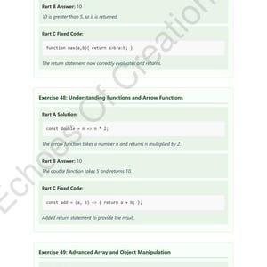 Op de afbeelding: Een witte pagina met groen omrande vakken met tekst en codefragmenten. De tekst bevat zinnen als "Onderdeel B Antwoord: 10" en "Oefening 48: Functies begrijpen". De onderkant van de pagina bevat de tekst "Echoes of Creation US &copy; 2025 128 van 129".