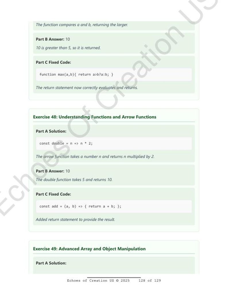 Op de afbeelding: Een witte pagina met groen omrande vakken met tekst en codefragmenten. De tekst bevat zinnen als "Onderdeel B Antwoord: 10" en "Oefening 48: Functies begrijpen". De onderkant van de pagina bevat de tekst "Echoes of Creation US &copy; 2025 128 van 129".