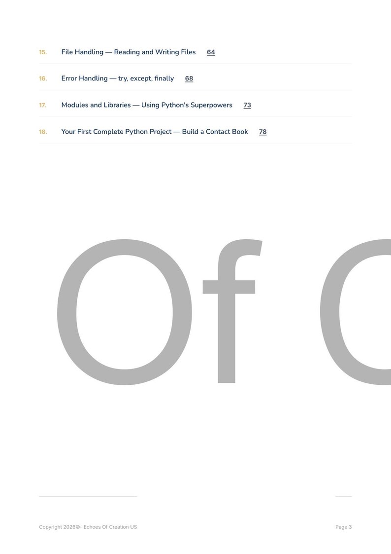 May include: White page with text from a book about Python programming. The text includes chapter titles such as "File Handling" and "Error Handling." Large gray letters spell "Of C" in the center. The copyright information is at the bottom.