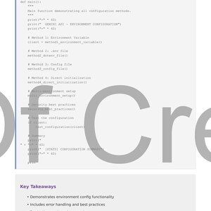 May include: A white document titled "Implementation" with code examples demonstrating configuration methods. The code includes environment variables and config files. Key takeaways are listed below the code.