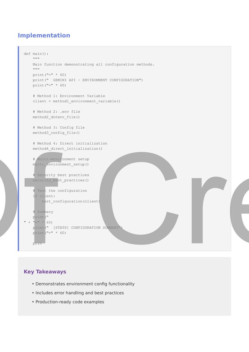 May include: A white document titled "Implementation" with code examples demonstrating configuration methods. The code includes environment variables and config files. Key takeaways are listed below the code.