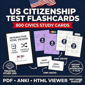 May include: Digital download for US Citizenship Test flashcards. Includes 800 civics study cards, an interactive HTML viewer, and Anki decks. Features PDF, Anki, and HTML viewer formats. Includes 11 files.