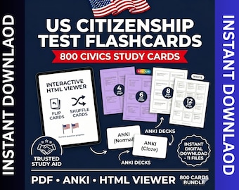 US Citizenship Test Flashcards | 800 Civics Study Cards, Offline Interactive HTML App | Anki & Digital Download