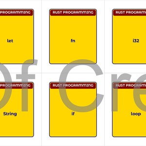 May include: Six yellow flashcards with the text "RUST PROGRAMMING" at the top. The cards display the following words: "let", "fn", "i32", "String", "if", and "loop". The cards are arranged in a 2x3 grid.