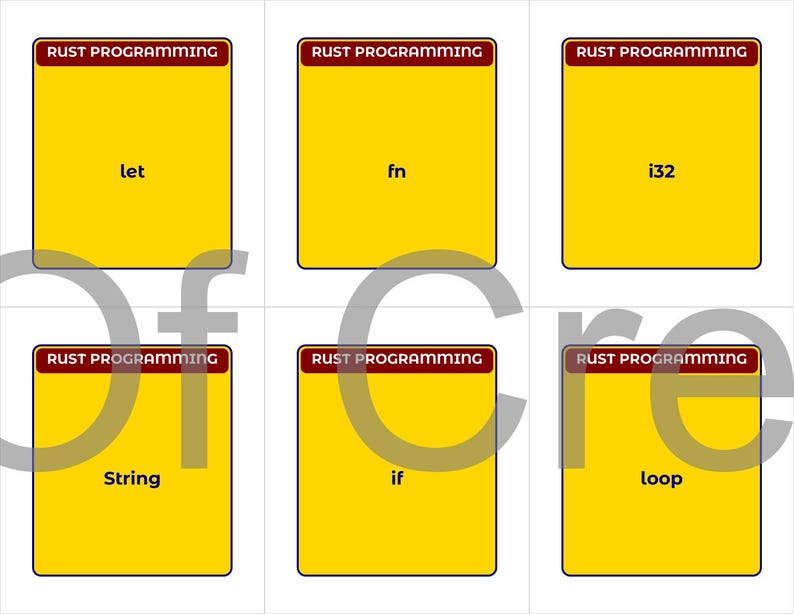 May include: Six yellow flashcards with the text "RUST PROGRAMMING" at the top. The cards display the following words: "let", "fn", "i32", "String", "if", and "loop". The cards are arranged in a 2x3 grid.