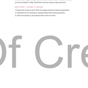 May include: White background with gray text. The text includes instructions on environment variables, authentication issues, and extending a script for email formatting, error handling, and attachments. The word "Of Cre" is visible in large gray letters.