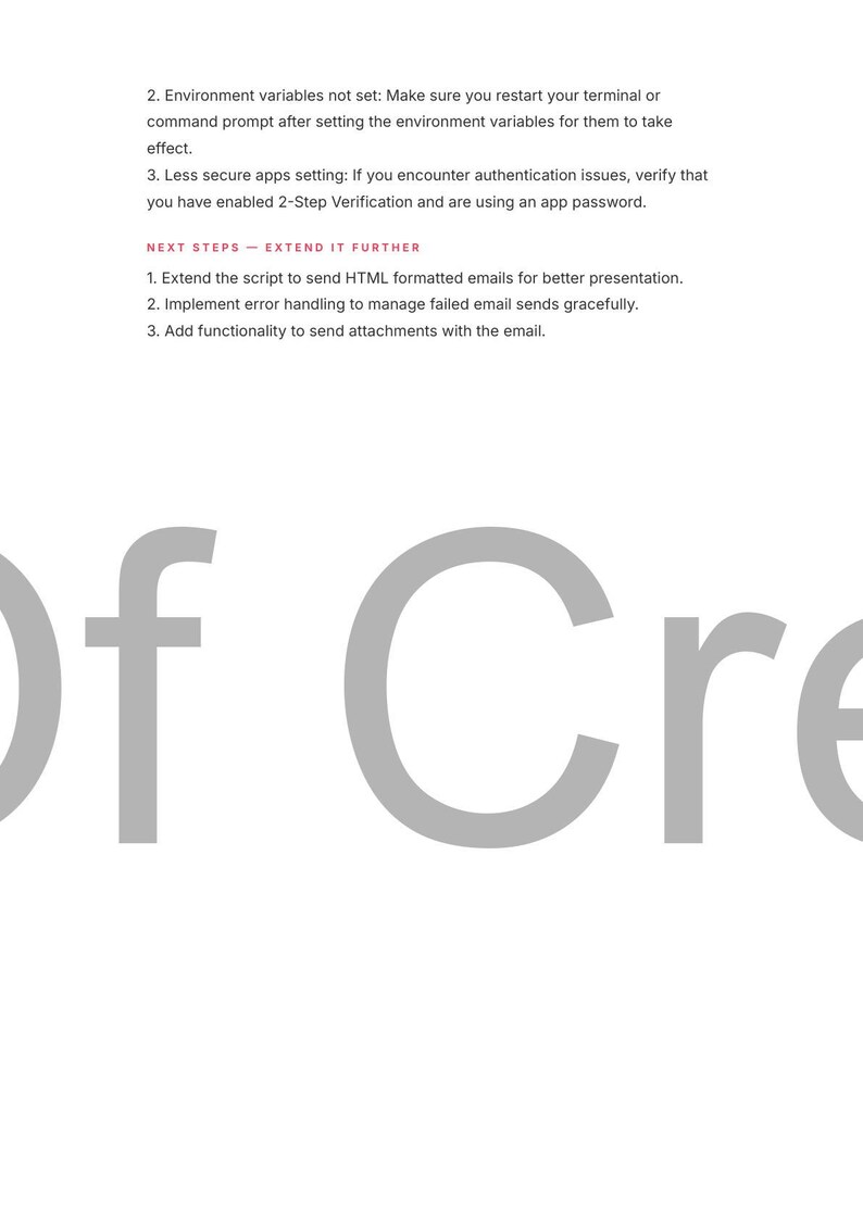 May include: White background with gray text. The text includes instructions on environment variables, authentication issues, and extending a script for email formatting, error handling, and attachments. The word "Of Cre" is visible in large gray letters.